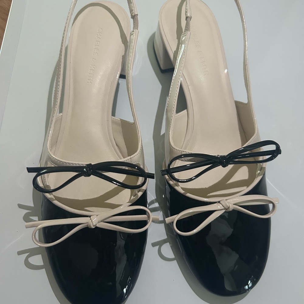 Charles & Keith Black and Cream Bow Heels